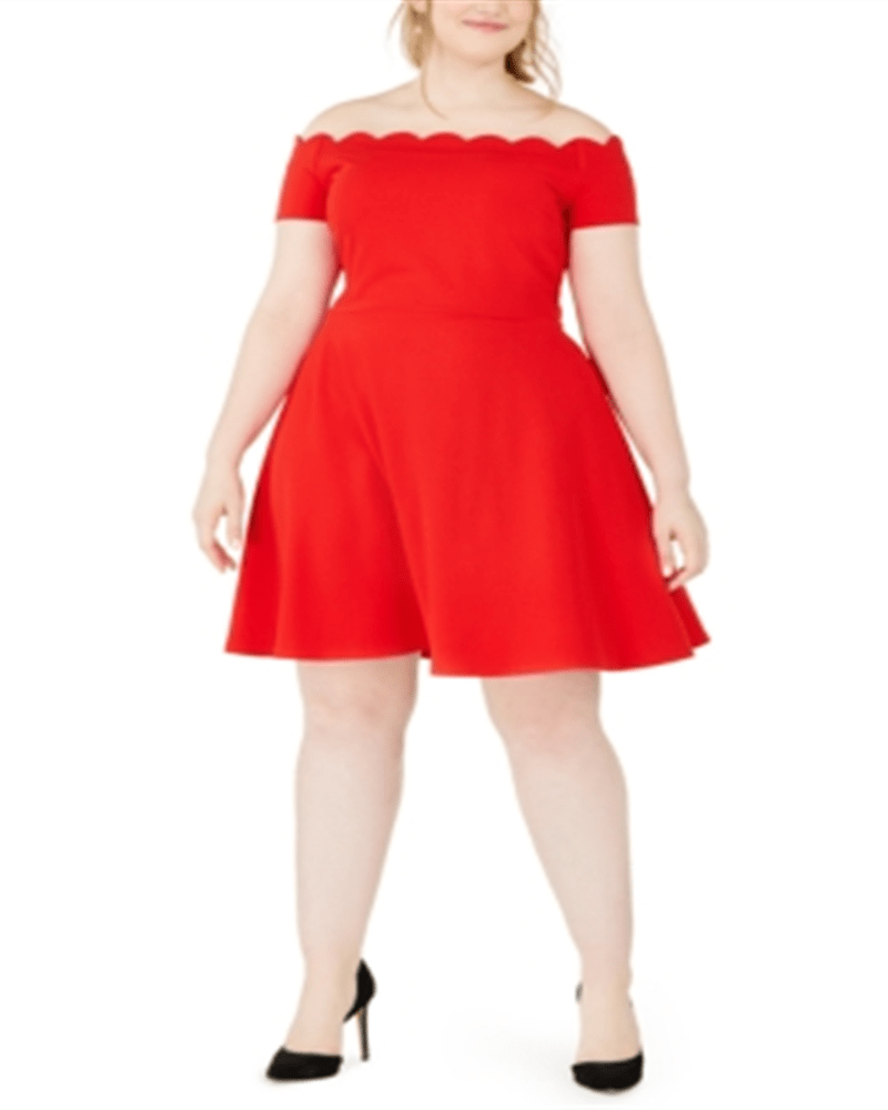 Front of a model wearing a size 20W B. Darlin Womens Plus Scalloped Off-the-Shoulder Mini Dress Red Size 20W in Red by B. Darlin. | dia_product_style_image_id:313270